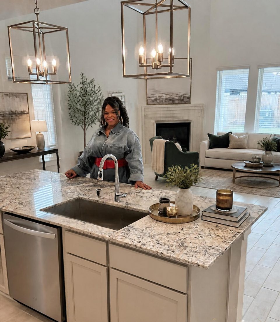 Lawanda Thornton, REALTOR®, smiling at a granite kitchen island in a bright, open-concept home