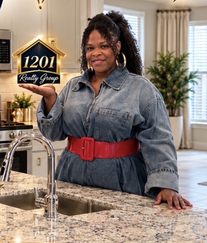 Lawanda Thornton in a bright kitchen presenting a 1201 Realty Group sign